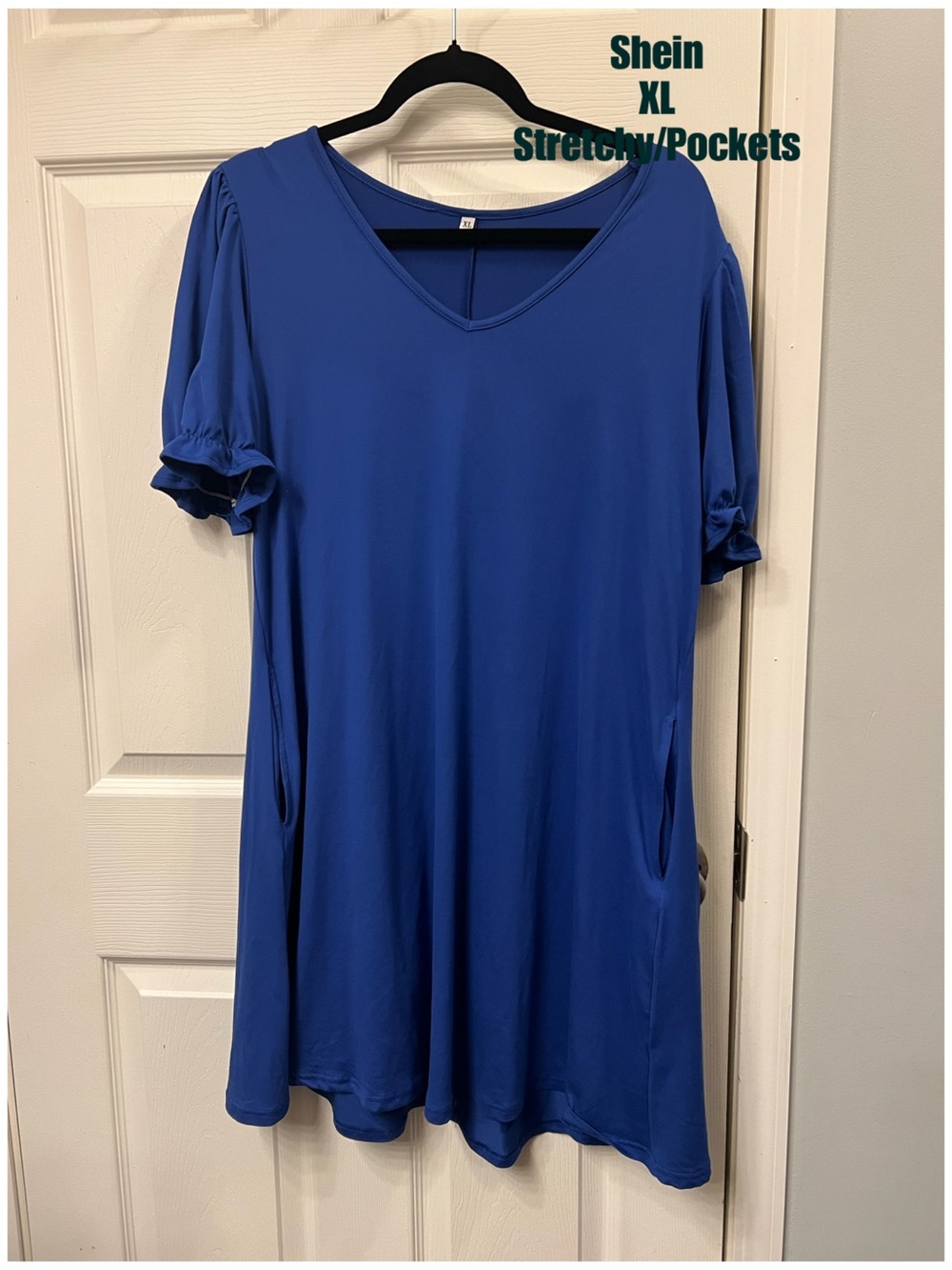 Shein Blue V-Neck Short Sleeve Dress with Pockets
